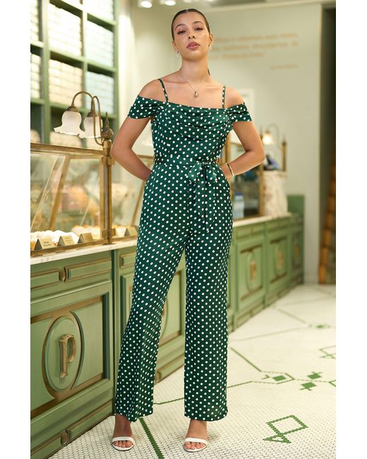Yumi' Green Spot Bardot Jumpsuit