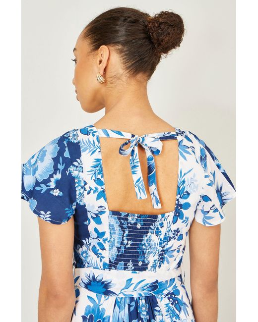 Yumi' Blue Floral Viscose Midi Shirt Dress With Matching Belt