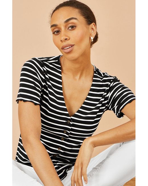 Yumi' Black Striped Cotton Jersey Lettuce Trim T-Shirt