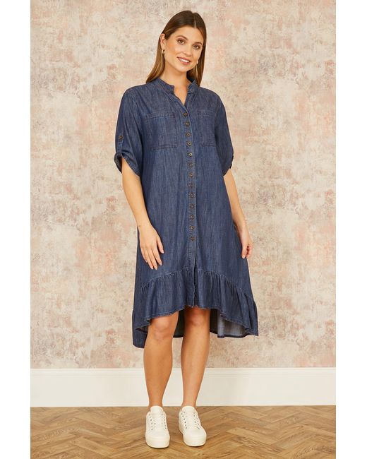 Yumi' Blue Chambray Denim Dip Hem Relaxed Fit Shirt Dress
