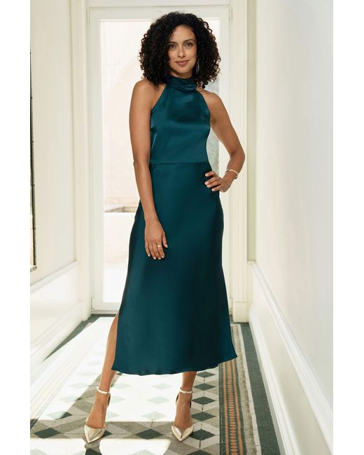 Yumi' Green Satin Halter Neck Midi Dress
