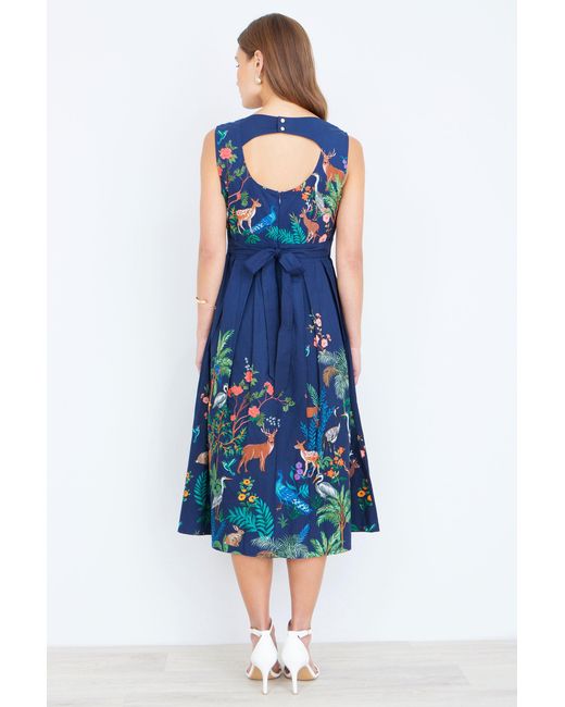 Yumi' Blue Woodland Animal Print Cotton Midi Skater Dress