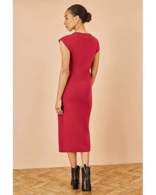 Yumi' Pink Knitted Ruched Midi Dress