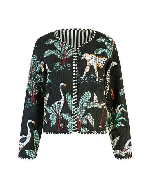Yumi' Green Animal Print Reversible Cotton Cropped Quilted Jacket