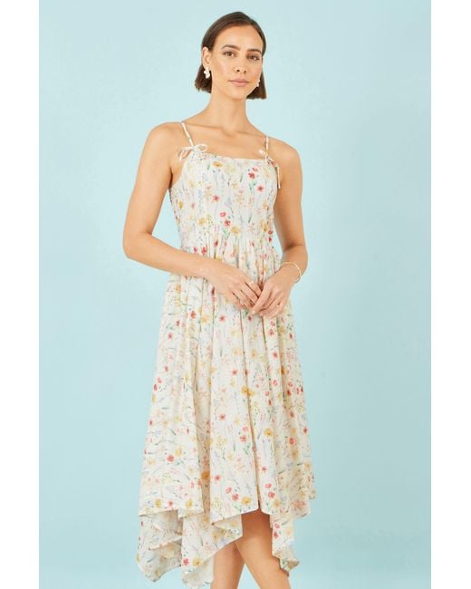Yumi' Blue Botanical Embroidery Fabric Handkerchief Hem Dress