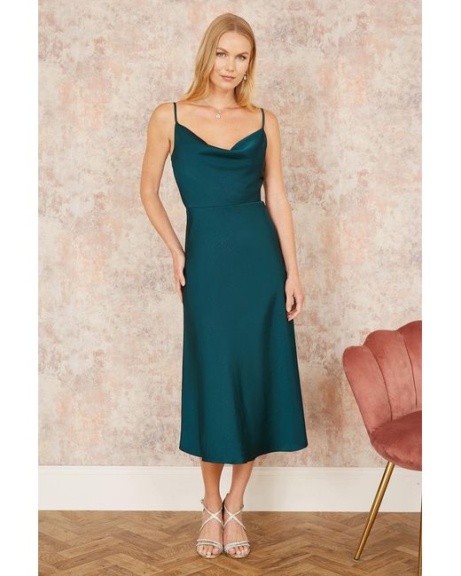 Yumi' Blue Satin Cowl Neck Midi Slip Dress