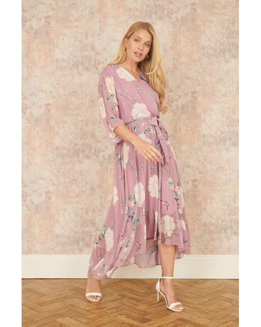 Yumi' Pink Bird And Floral Print Midi Wrap Dress