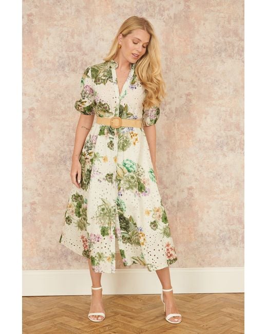 Yumi' Natural Cotton Broderie Anglaise Midi Shirt Dress