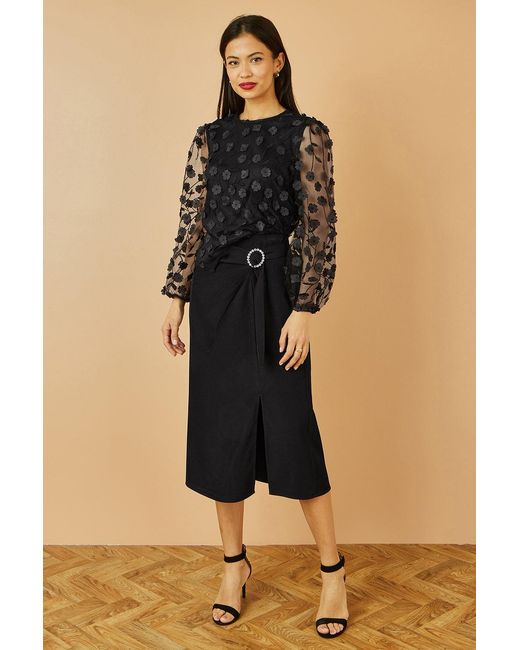 Yumi' Black Sheer Sleeve Applique Flower Top