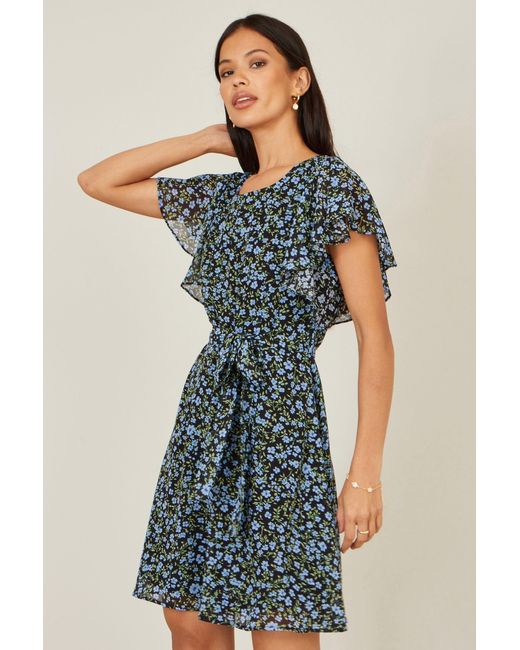 Yumi' Blue Ditsy Print Floral Skater Dress