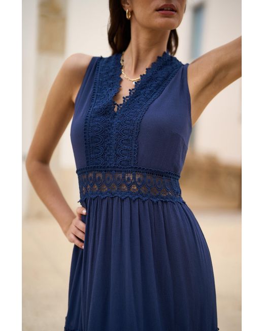 Yumi' Blue Lace Trim Cotton Midi Sun Dress