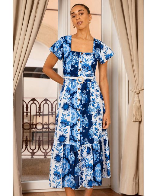 Yumi' Blue Floral Viscose Midi Shirt Dress With Matching Belt