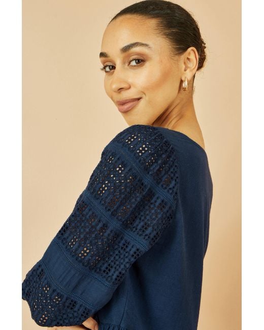 Yumi' Blue Cotton Tunic With Broderie Anglaise Puff Sleeves
