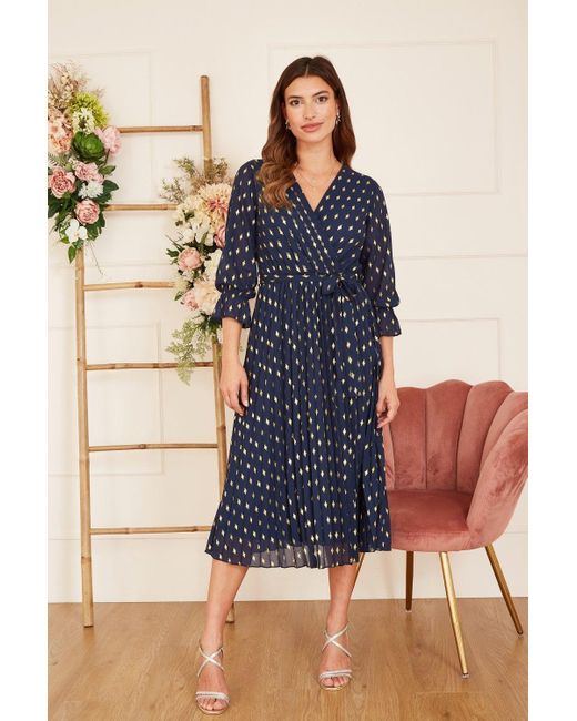 Yumi' Blue Foil Printed Pleated Wrap Midi Dress