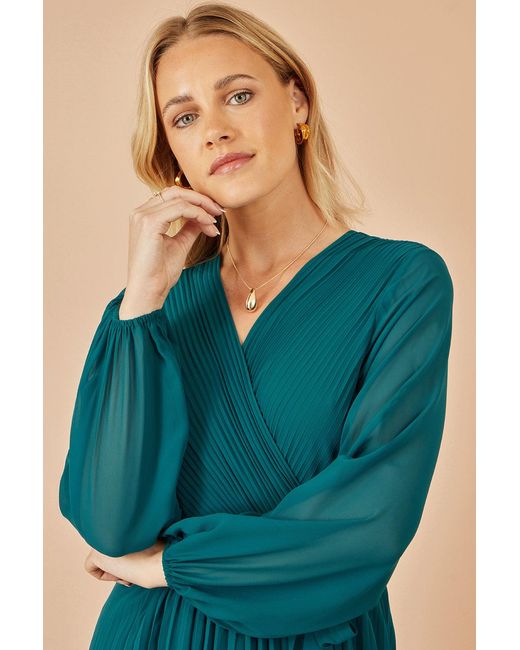 Yumi' Blue Pleated Wrap Midi Dress With Sheer Long Sleeves