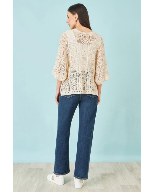 Yumi' Blue Ivory Crochet Edge To Edge 3/4 Sleeve Cardigan
