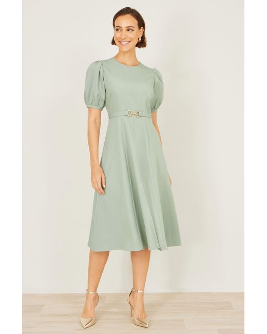 Yumi' Green Mint Skater Dress With Puff Sleeves And Buckle Detail