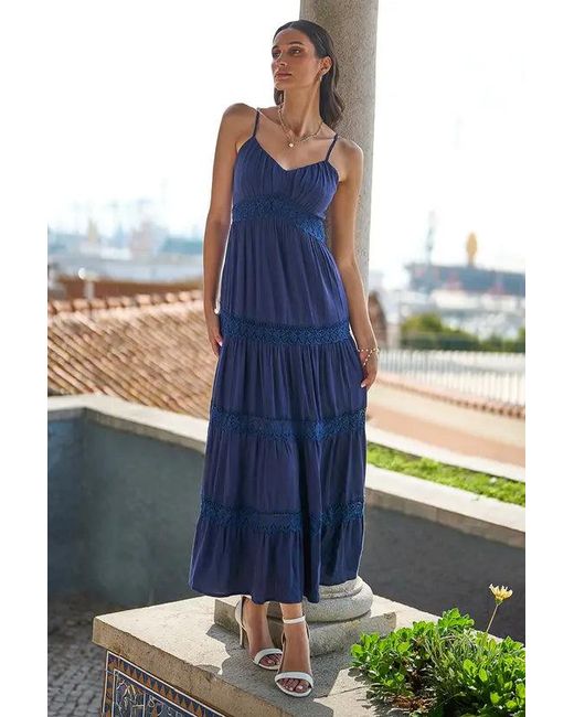 Yumi' Blue Lace Tiered Strappy Maxi Dress