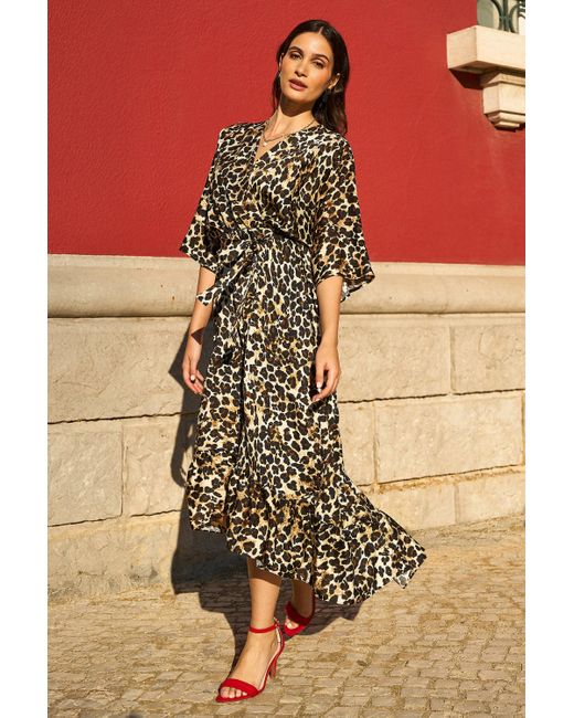 Yumi' Natural Leopard Midi Wrap Dress With Kimono Sleeves