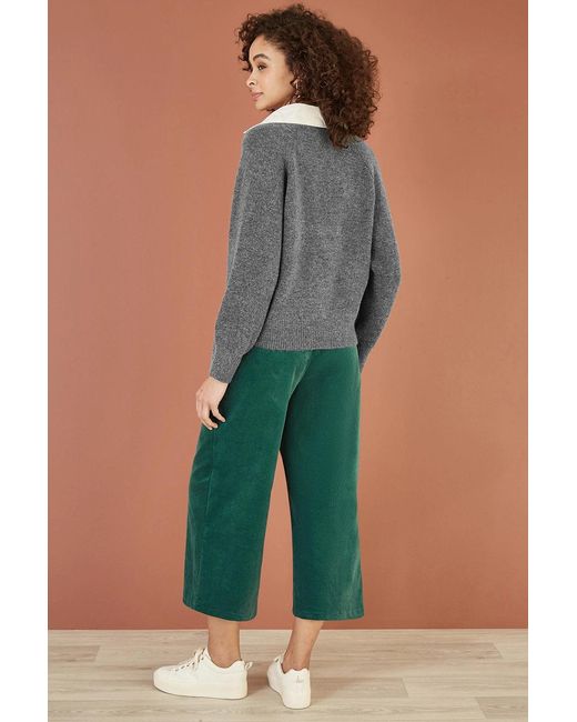 Yumi' Green Cord Cropped Wide Leg Trousers With Pockets