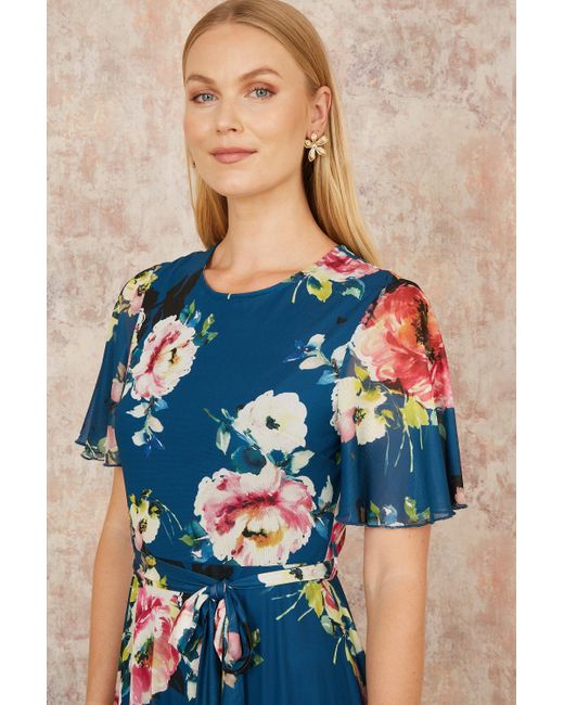 Yumi' Blue Mesh Floral Midi Dress With Angel Sleeves