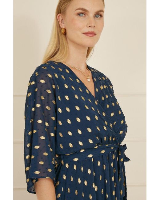 Yumi' Blue Foil Print Wrap Dip Hem Dress