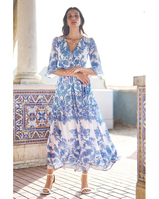 Yumi' Blue Paisley Wrap Maxi Dress With 3/4 Sleeve