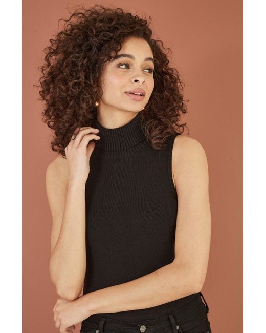 Yumi' Black Knitted Roll Neck Sleeveless Jumper