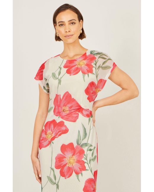 Yumi' Red Poppy Print Midi Mesh Dress