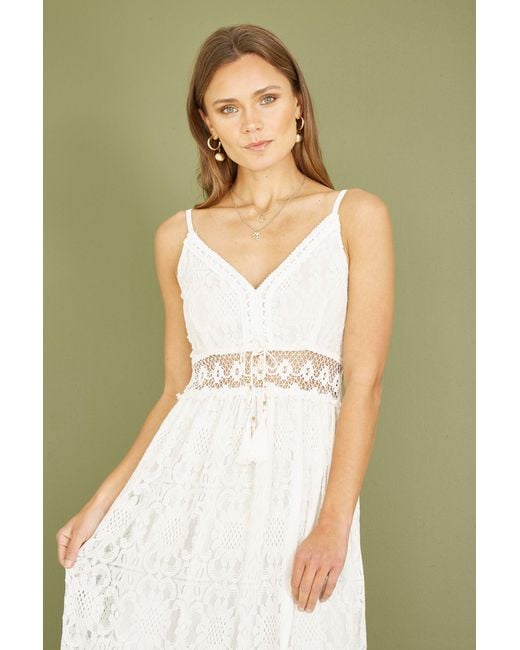 Yumi' Green Lace Midi Sundress With Tassel Tie And Ruched Back