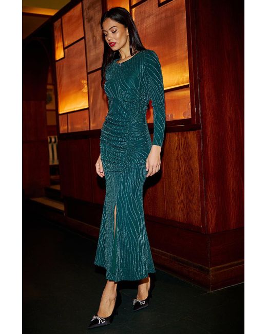 Yumi' Blue Mesh Fitted Ruched Midi Dress With Long Sleeves