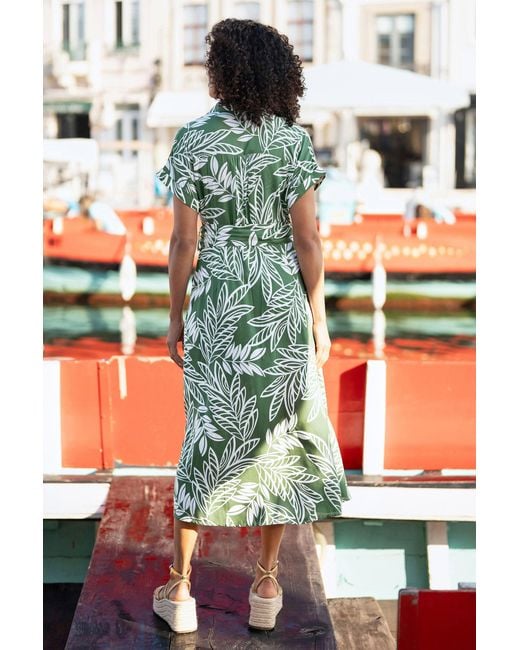 Yumi' Green Leaf Print Viscose Relaxed Midi Shirt Dress