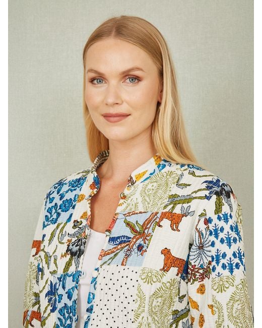 Yumi' Blue Patchwork Print Reversible Cotton Quilted Jacket