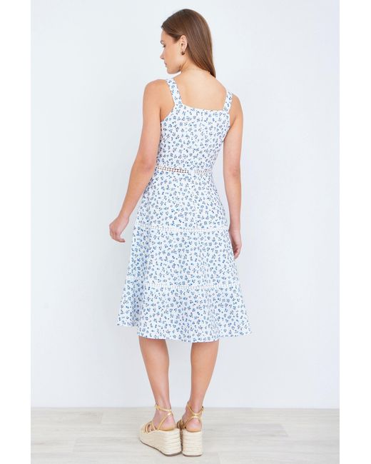 Yumi' Blue Ditsy Floral Cotton Midi Sun Dress With Lace Trims