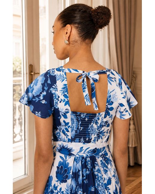 Yumi' Blue Floral Viscose Midi Shirt Dress With Matching Belt