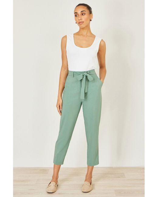 Yumi' Green Stretch Capri Pants With Tie Belt