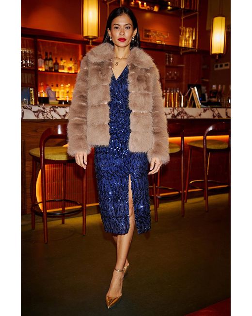 Yumi' Blue Sequin Fitted Wrap Dress With Split Hem