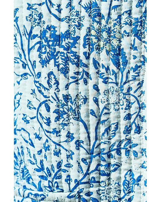 Yumi' Blue Boho Floral Print Cropped Reversible Cotton Quilted Jacket