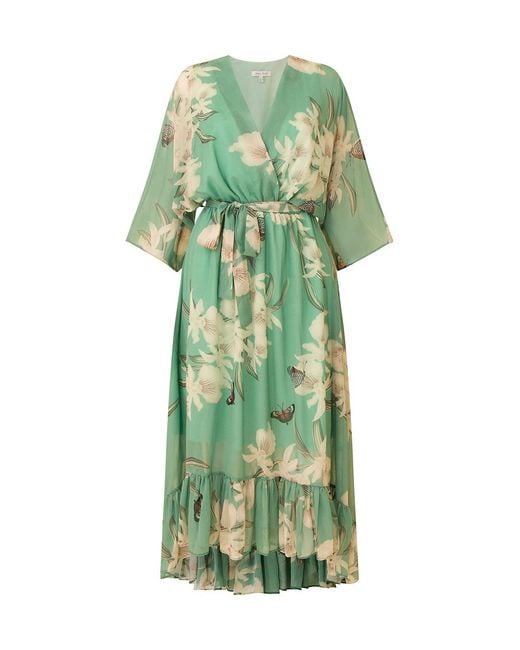 Yumi' Green Floral Kimono Sleeves Dip Hem Wrap Midi Dress