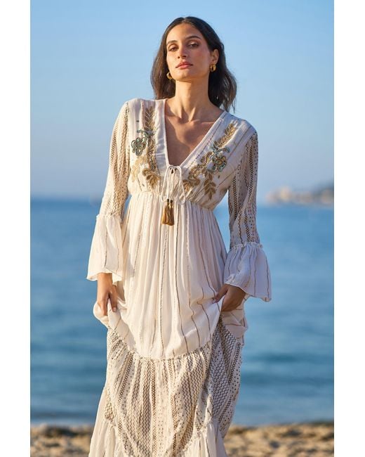 Yumi' Blue Metallic Embellished Maxi Dress With Long Sleeves