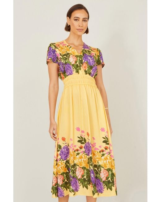 Yumi' Metallic Floral Mirror Print Viscose Midi Dress