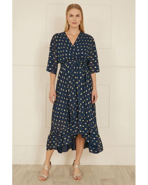Yumi' Blue Foil Print Wrap Dip Hem Dress