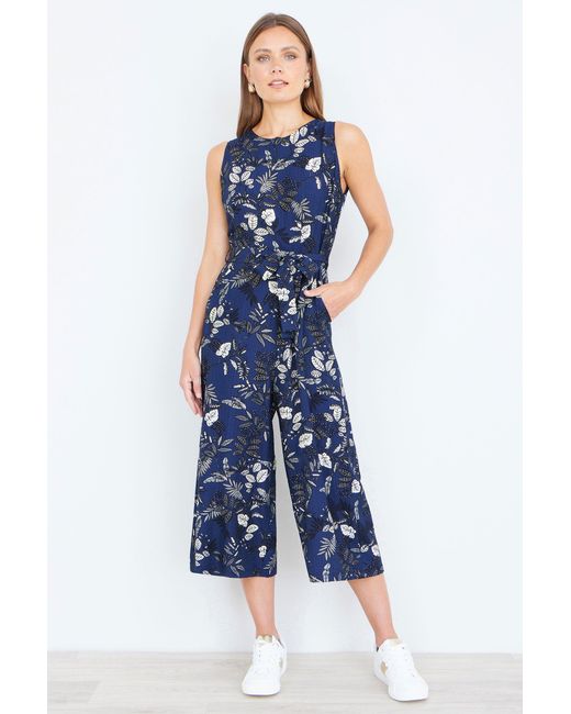 Yumi' Blue Leaf Culotte Jumpsuit