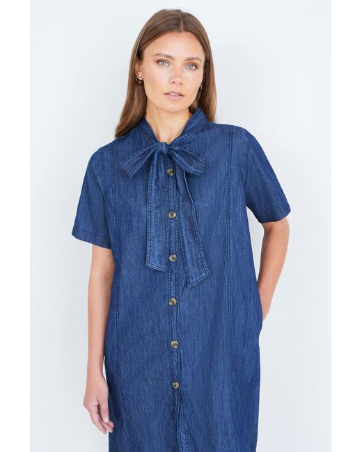 Yumi' Blue Chambray Tunic With Pussy Bow Tie