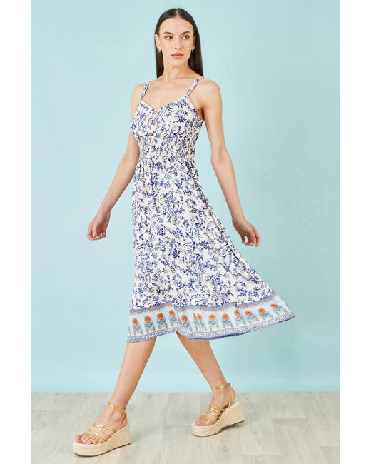 Yumi' Blue Floral Border Print Viscose Midi Sun Dress