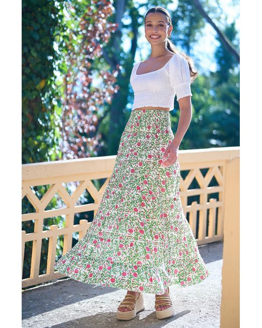 Yumi' White Boho Print Cotton Floral Maxi Skirt