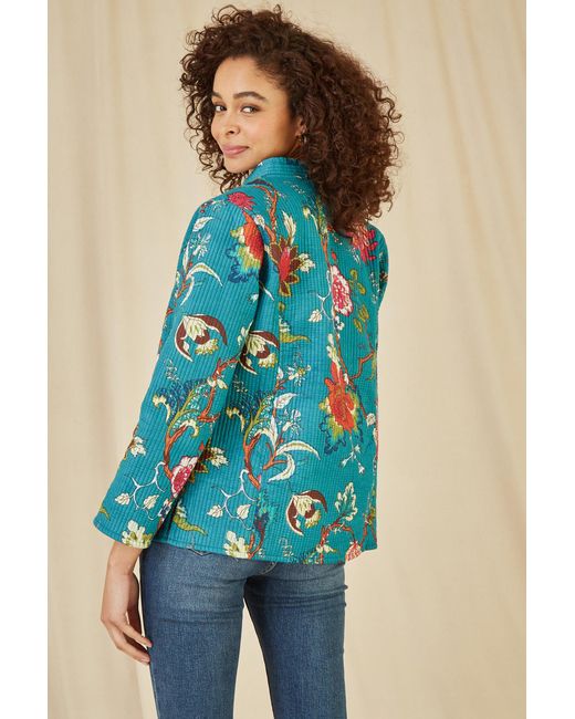 Yumi' Blue Floral Print Reversible Cotton Quilted Jacket