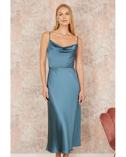Yumi' Blue Satin Cowl Neck Midi Slip Dress