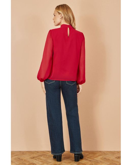 Yumi' Red Pleated Long Sleeve Top With High Neck