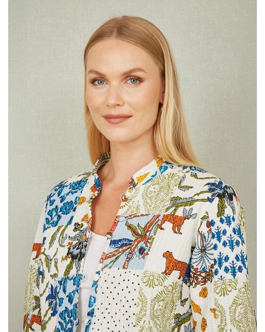 Yumi' Blue Patchwork Print Reversible Cotton Quilted Jacket